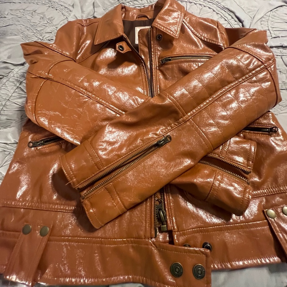 We The Free Brown Leather Biker Jacket